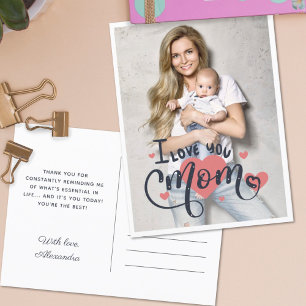 I love you mom heart typography mother's day photo postcard