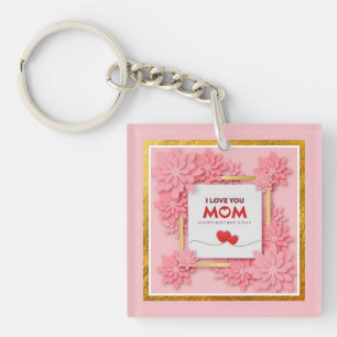 I Love You Mom Mother’s Day Floral and Gold Keychain