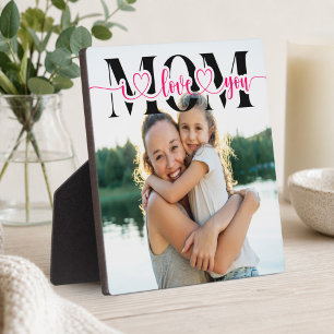 I Love You Mom Pink Hearts Typography Photo Plaque