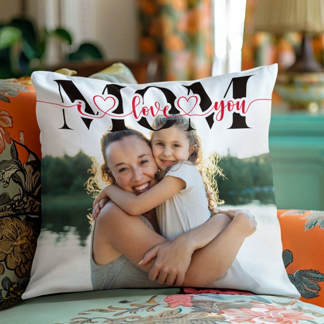 I Love You Mom Red Hearts Typography Photo Throw Pillow (I Love You Mom Red Hearts Typography Photo Throw Pillow)