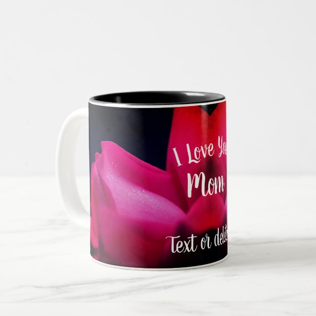 I Love You Mom Red Rosebud Personalized  Two-Tone Coffee Mug (Front Left)