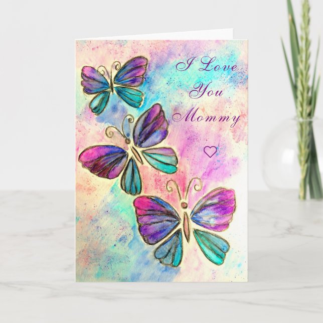I Love You Mommy Card Colourful Butterflies  (Front)