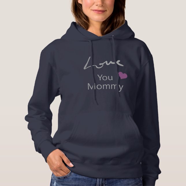 I Love You Mommy Elegant Silver Script Navy Blue Hoodie (Front)