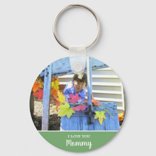 I Love You Mommy Modern 2 Photo Green Keychain