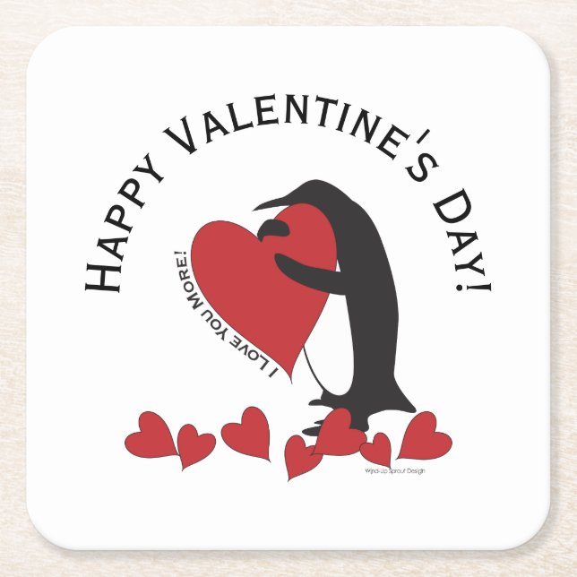 I Love You More! - Penguin Hearts Valentine Square Paper Coaster (Front)