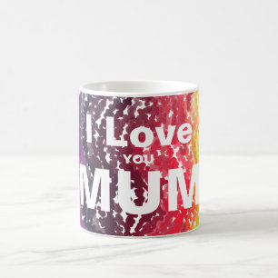 I love you mum white text on muilt-coloured mug