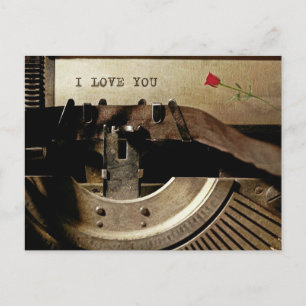 I Love You, Old Typewriter Red Rose Vintage Letter Postcard