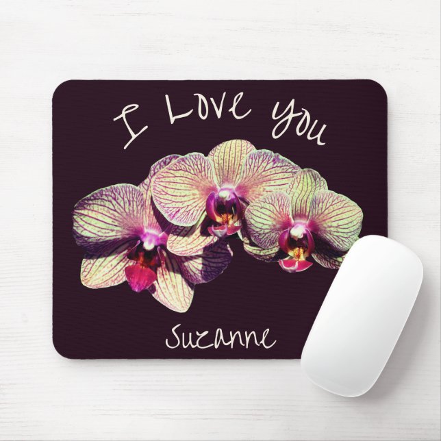I Love You Orchid Flower Trio Personalized Mouse Pad (With Mouse)