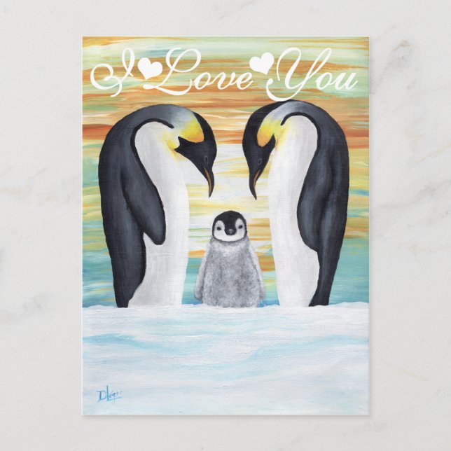 I Love You Penguin Family with Baby Penguin Postcard (Front)