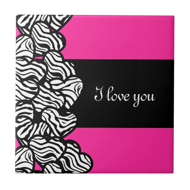 I love you pink black white zebra heart pattern tile (Front)