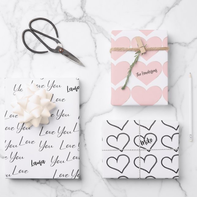 I Love You, Pink Hearts Personalized    Wrapping Paper Sheet (Front)