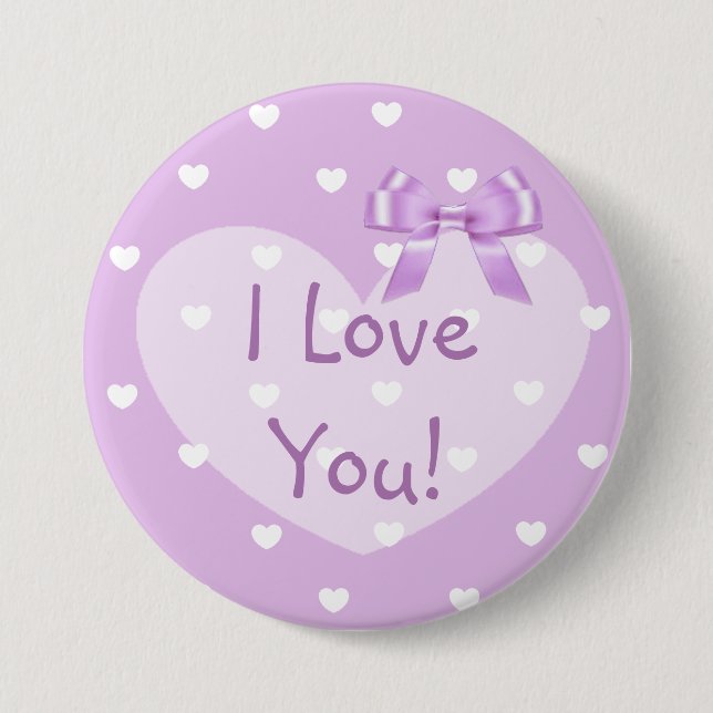 I Love You Purple Hearts White Bow Button (Front)