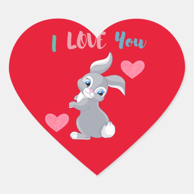 I Love You Rabbit Red Pink Heart Cute Cool Sticker (Front)
