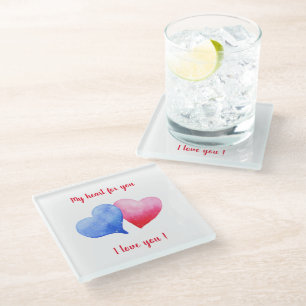 I love you  red and blue heart   Valentine's Day   Glass Coaster