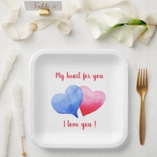 I love you red and blue heart Valentine's Day Paper Plate