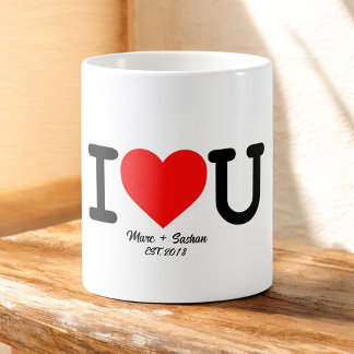 I Love You: Red Heart Custom Names & Date Coffee Mug