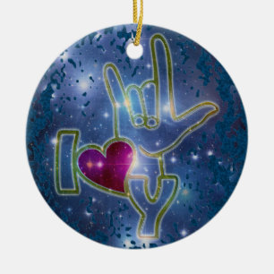 I LOVE YOU / sign language dark blue splatter Ceramic Ornament