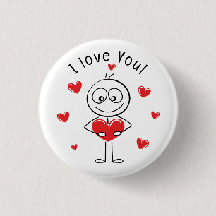I Love You Stick Figure Cute Hearts 1 Inch Round Button