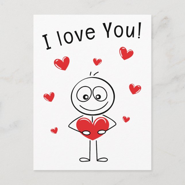 I Love You Stick Figure Cute Hearts Postcard (Front)