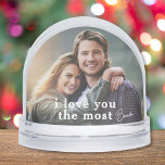 I Love You The Most Romantic Couple Photo Custom Snowglobe<br><div class="desc">I Love You The Most Romantic Couple Modern Photo Template Custom Snow Globes features your favourite photo with your personalized name with the customizable text "I love you the most" in modern calligraphy script. Makes a fantastic gift for Christmas, holidays, birthday, anniversary, Valentine's Day and more. Personalize by editing the...</div>