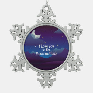 I Love You to the Moon and Back, blue indigo Snowflake Pewter Christmas Ornament