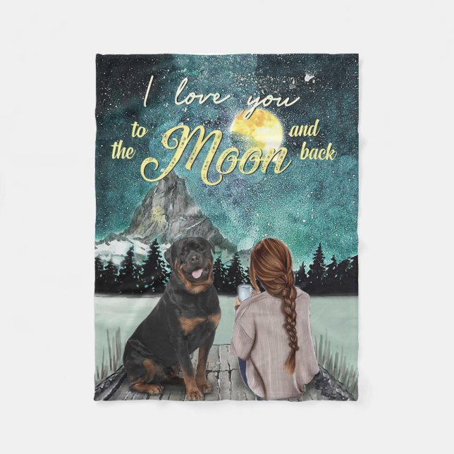 I Love You To The Moon And Back Rottweiler Fleece Blanket (Front)