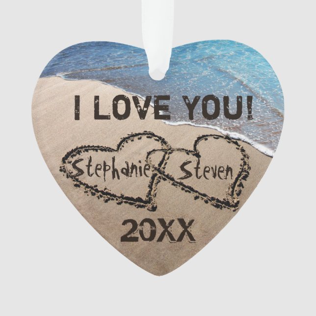 I Love You! Two Hearts In Sand Ornament (Front)