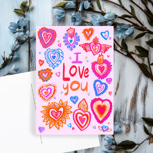 I LOVE YOU Valentine Colourful Whimsical HEARTS Postcard