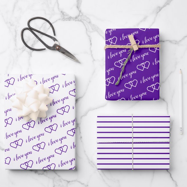 I Love You Valentine Purple Hearts Stripes Wrapping Paper Sheet (Front)
