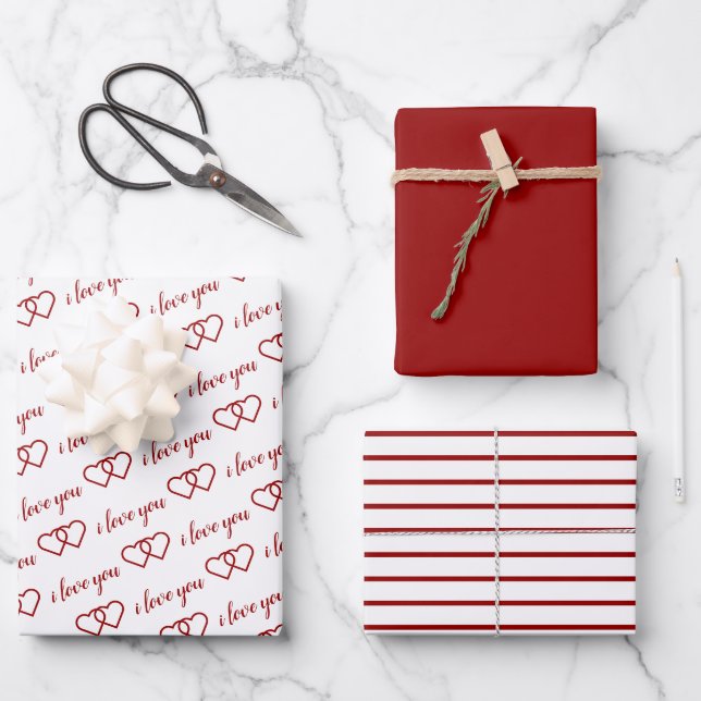 I Love You Valentine Red Hearts Stripes Wrapping Paper Sheet (Front)