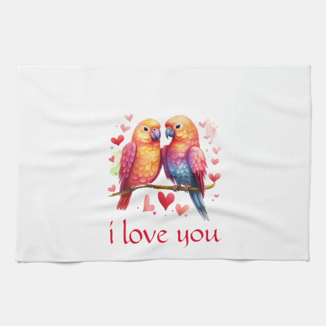 I Love You Valentine's Day Watercolor Lovebirds Kitchen Towel (Horizontal)