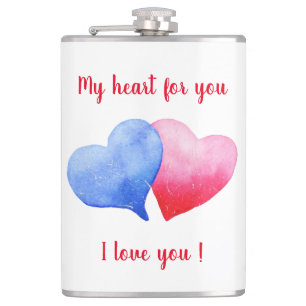 I love you watercolor red and blue heart hip flask