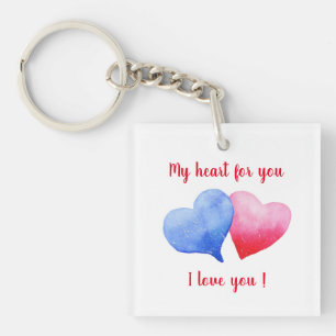 I love you watercolor red and blue heart keychain