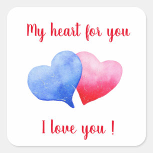 I love you watercolor red and blue heart    square sticker