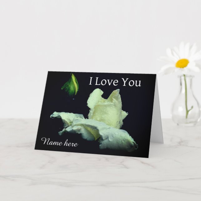 I Love You White Rosebud Flower Personalized  Card (Small Plant)