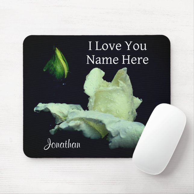 I Love You White Rosebud Personalized  Mouse Pad (With Mouse)