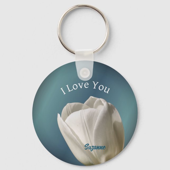 I Love You White Tulip Flower Personalized Keychain (Front)
