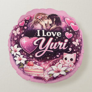 I Love Yuri   Kawaii Girls’ Love Anime Aesthetic  Round Pillow