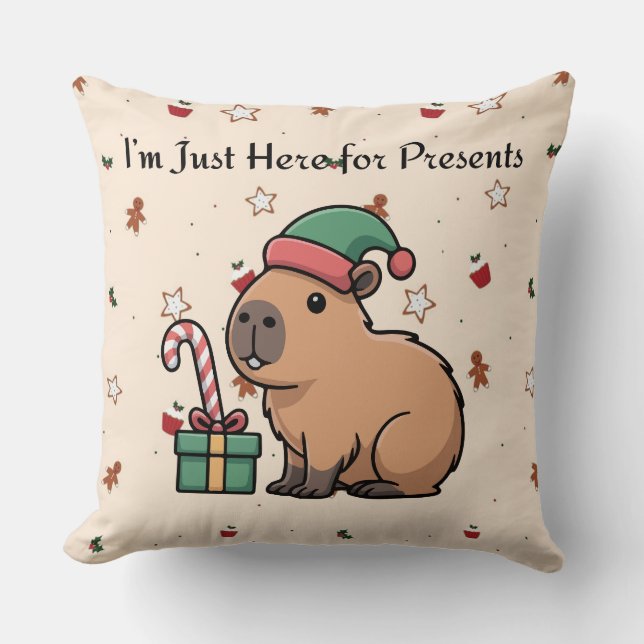 I’m Just Here for the Presents | Cute Capybara Chr Throw Pillow (Front)