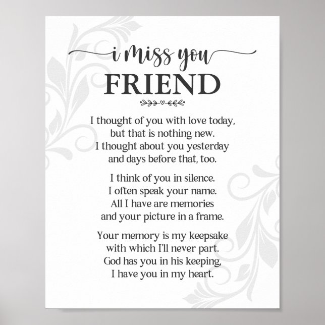 I Miss You Friend Poem Poster (Front)