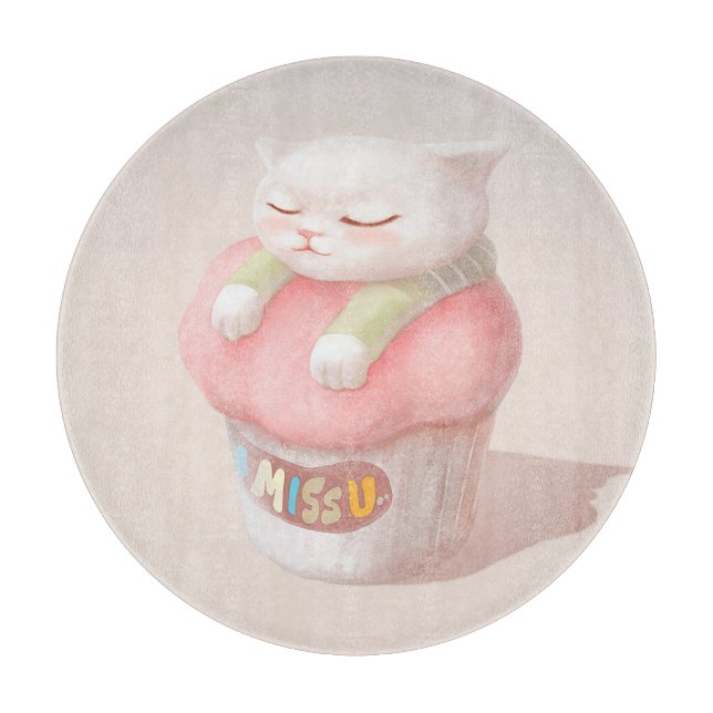 I Miss You: Kawaii Sleeping Cat Cupcake Art Cutting Board (Front)