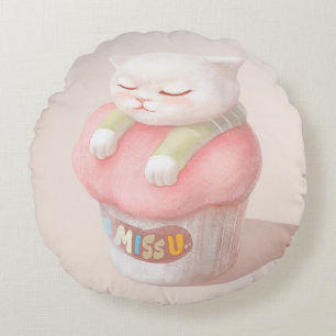I Miss You: Kawaii Sleeping Cat Cupcake Art Round Pillow