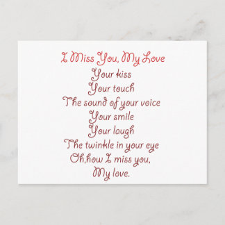 I Miss You, My Love Poem Red on Red Postcard