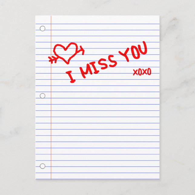 i miss you notebook paper postcard (Front)