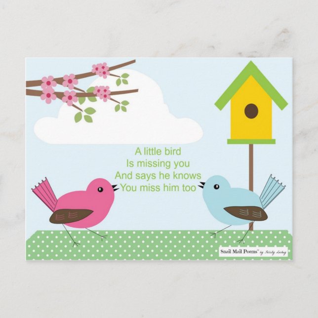 I Miss You Poem from a Boy: Birdhouse and 2 Birds Postcard (Front)