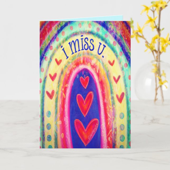I Miss You Rainbow Colourful Hearts Cheerful  Card (Yellow Flower)