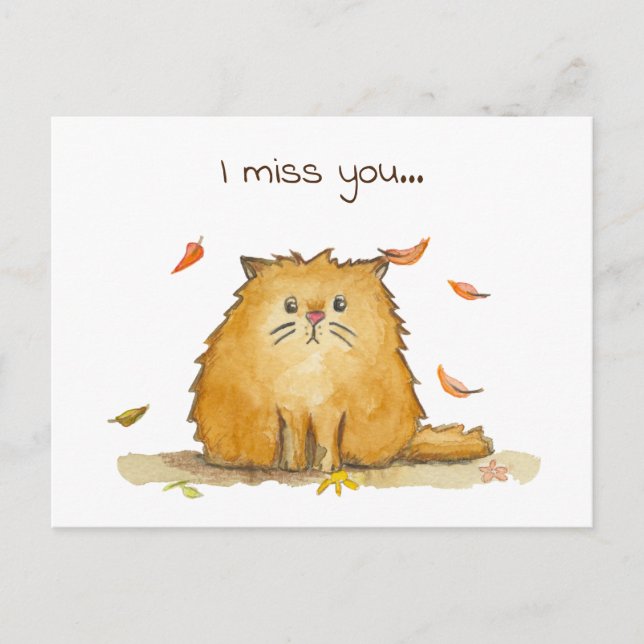 I Miss You // Sad Watercolor Cat Postcard (Front)