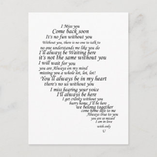 I Miss You  Text in Half of Heart Postcard