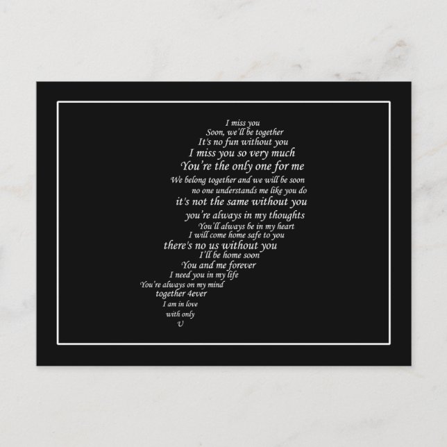 I Miss You  Text, too,  in Half of Heart Postcard (Front)