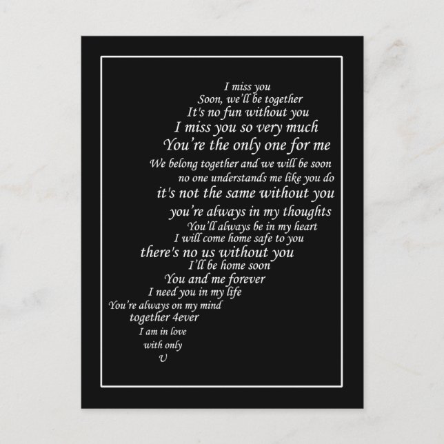 I Miss You  Text, too,  in Half of Heart Postcard (Front)